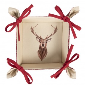 2COL47 Bread Basket 35x35x8 cm Red Beige Cotton Diamond and Deer Square Kitchen Gift