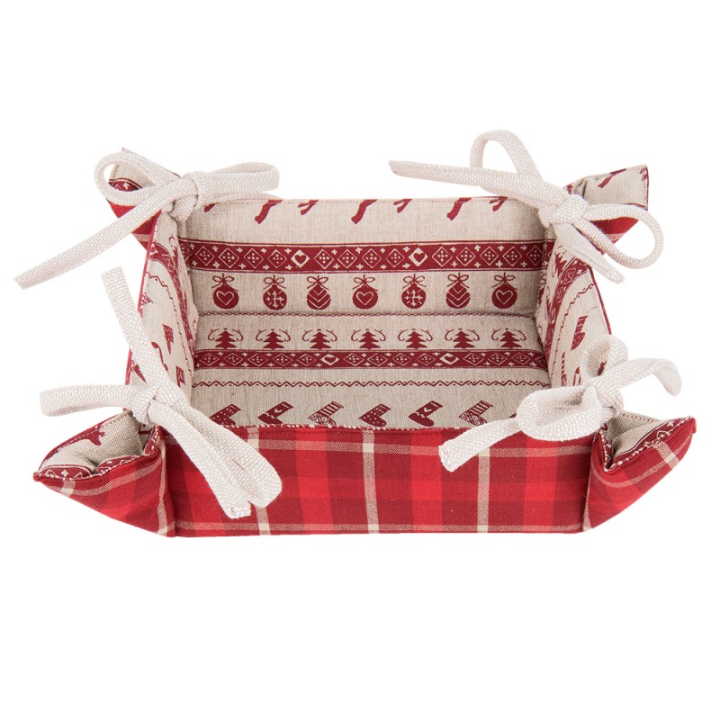 NOC47 Bread Basket 35x35x8 cm Red Beige Cotton Christmas Square Kitchen Gift