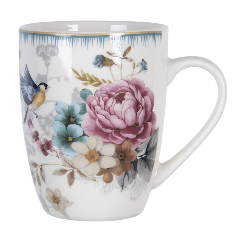 PIRMU Mug 360 ml White Pink Porcelain Flowers Round Tea Mug
