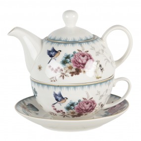 2PIRTEFO Tea for One 460 ml Blanc Rose Porcelaine Fleurs Rond Ensemble théière