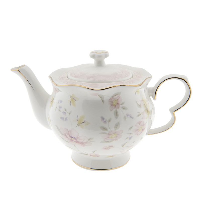 TWFTE Teekanne 1200 ml Weiß Rosa Porzellan Blumen Rund Kanne für Tee