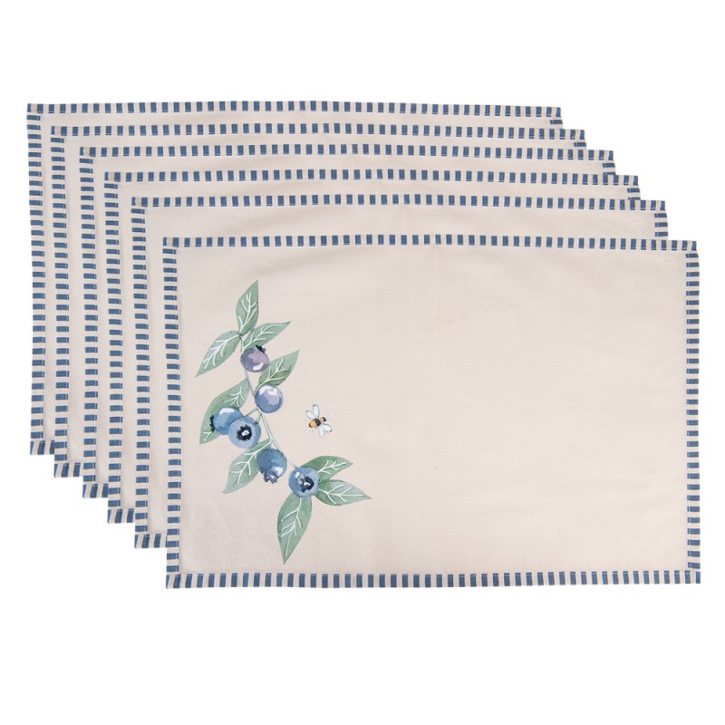 BBF40 Sets de table set de 6 48x33 cm Beige Bleu Coton Myrtilles Rectangle Dessous de plat