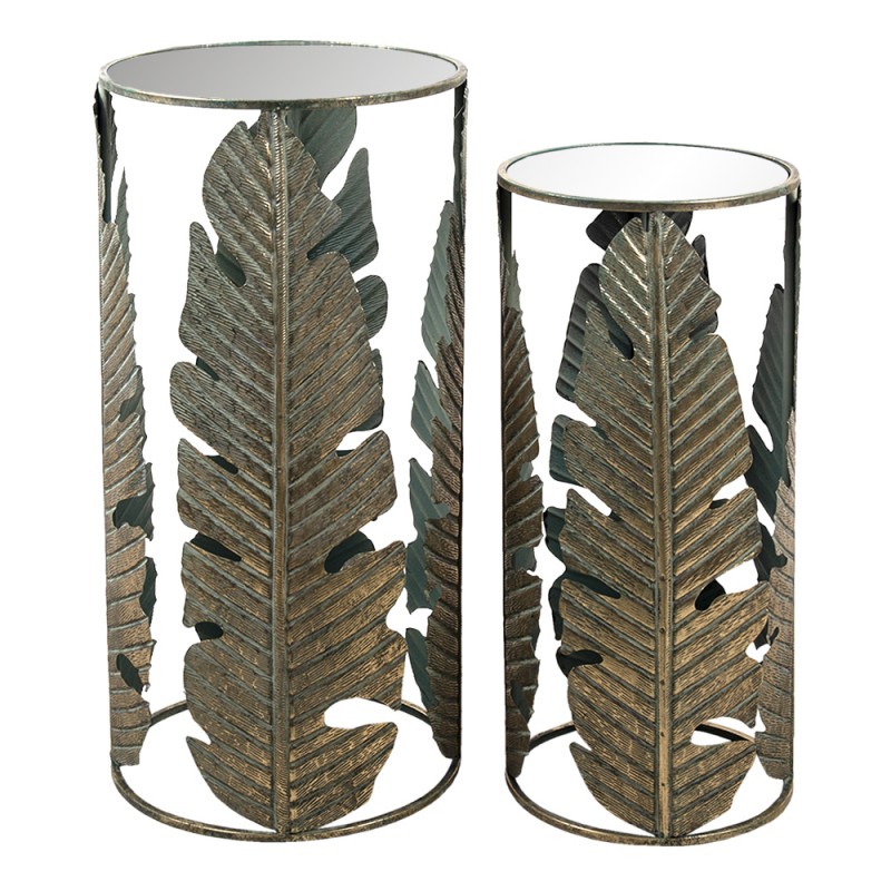 5Y3474 Side Table Set of 2 Copper colored Metal Glass Leaves Round Plant Table