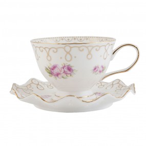 26CE0410 Cup and Saucer 200 ml White Gold colored Porcelain Flowers Round Tableware