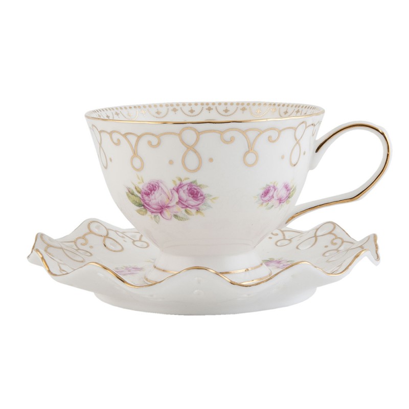 6CE0410 Cup and Saucer 200 ml White Gold colored Porcelain Flowers Round Tableware