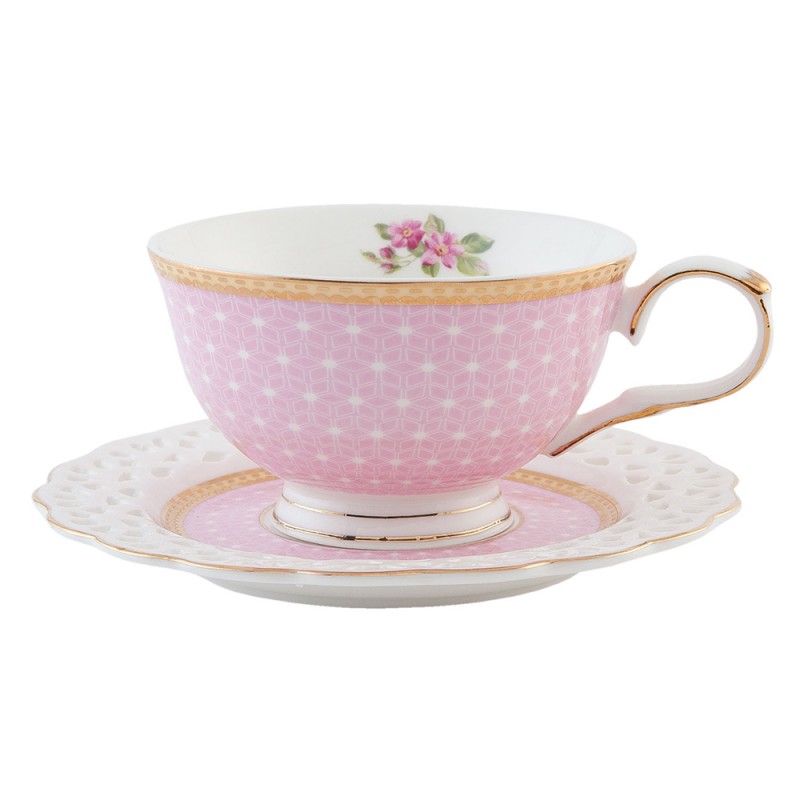 6CE0568 Cup and Saucer 200 ml Pink Porcelain Flowers Round Tableware