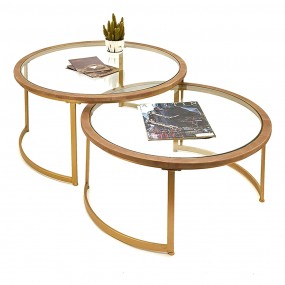 250678 Coffee Table Set of 2 Brown Glass Wood Side Table