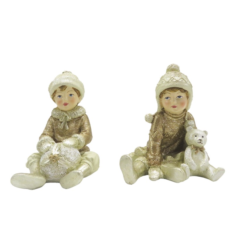 6PR4801 Figurine Set de 2 Enfants 9 cm Beige Couleur or Polyrésine