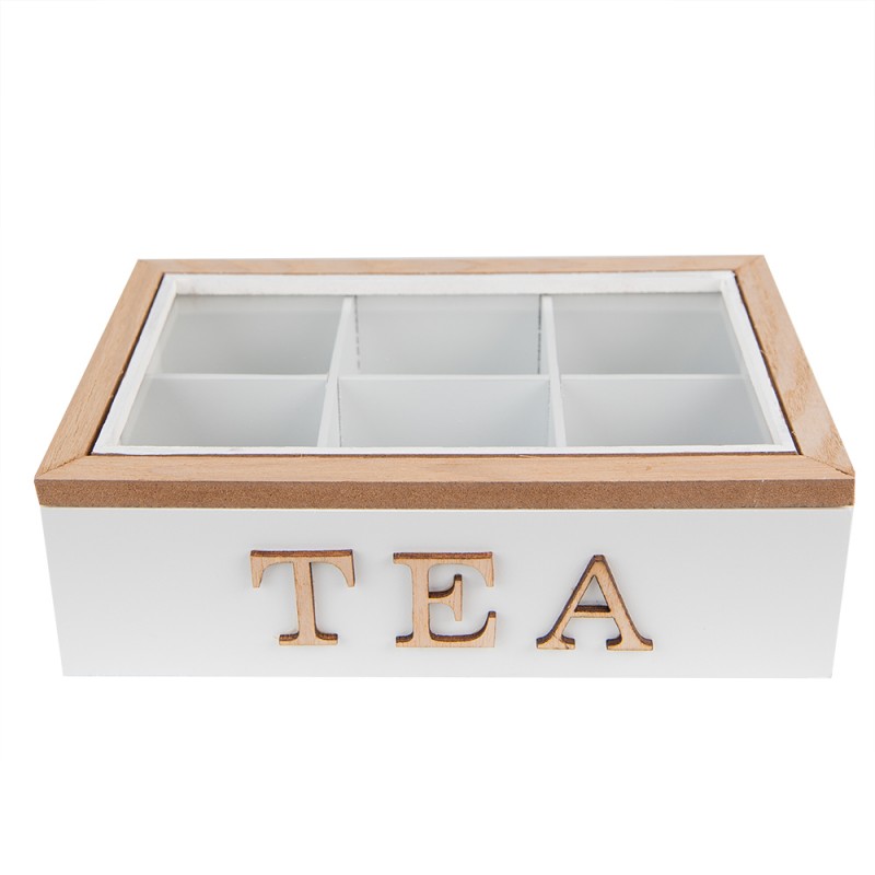 6H2236 Tea Box with 6 Compartments 23x17x8 cm White Brown MDF Glass Tea Storage Box