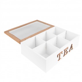 26H2236 Teebox mit 6 Fächern 23x17x8 cm Weiß Braun MDF Glas Tee-Kiste