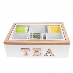 26H2236 Teebox mit 6 Fächern 23x17x8 cm Weiß Braun MDF Glas Tee-Kiste
