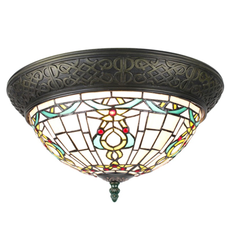 5LL-6258 Lampada da soffitto Tiffany Ø 38 cm Beige Verde Plastica Vetro Rotondo Plafoniera