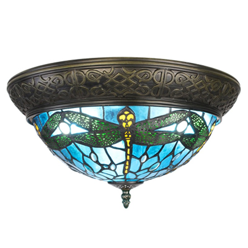 5LL-6263 Ceiling Lamp Tiffany Ø 38 cm Blue Brown Plastic Glass Round Ceiling Light