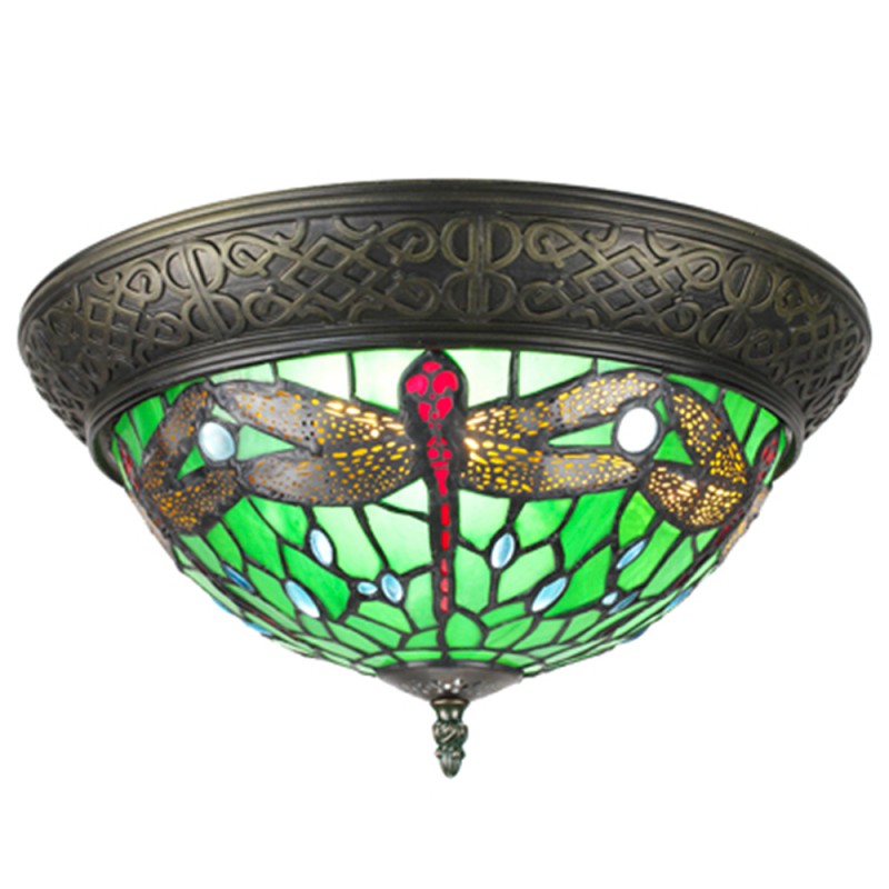 5LL-6264 Ceiling Lamp Tiffany Ø 38 cm Green Brown Plastic Glass Round Ceiling Light
