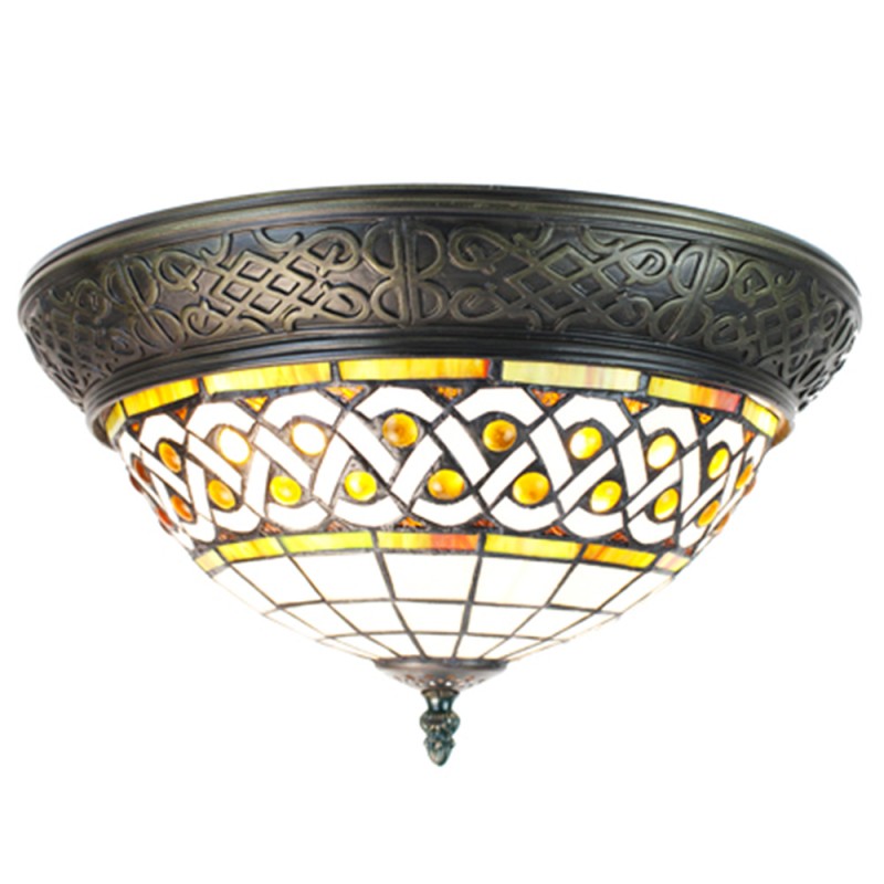 5LL-6266 Ceiling Lamp Tiffany Ø 38 cm Brown Beige Plastic Glass Round Ceiling Light