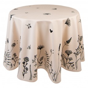 2FAF07 Tablecloth Ø 170 cm Beige Black Cotton Flowers