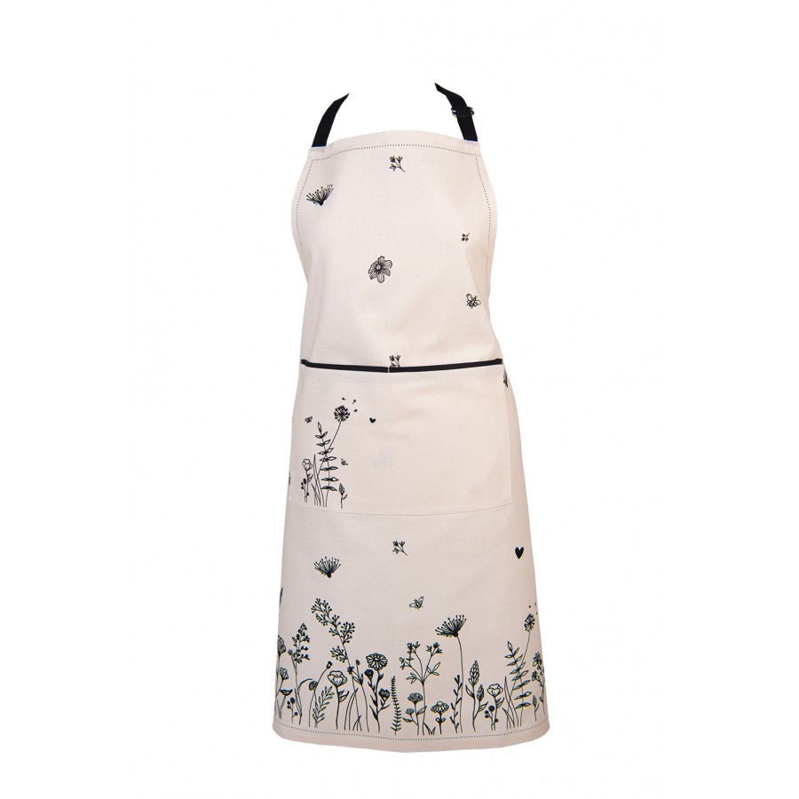 FAF41 Kitchen Apron 70x85 cm Beige Black Cotton Flowers BBQ Apron