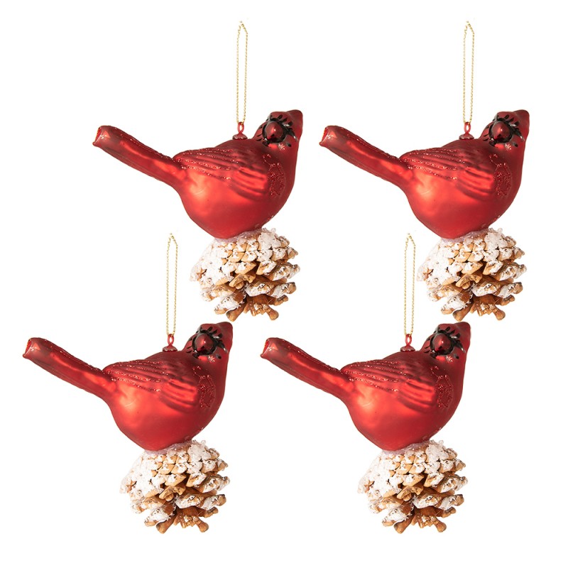 6GL3957 Christmas Bauble Set of 4 Bird 11x6x12 cm Red White Glass Christmas Tree Decorations