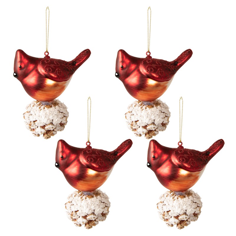6GL3958 Christmas Bauble Set of 4 Bird 11x6x11 cm Red White Glass Christmas Tree Decorations