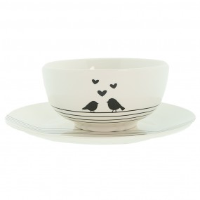 2LBSBO Soup Bowl 500 ml White Black Porcelain Hearts Birds Serving Bowl