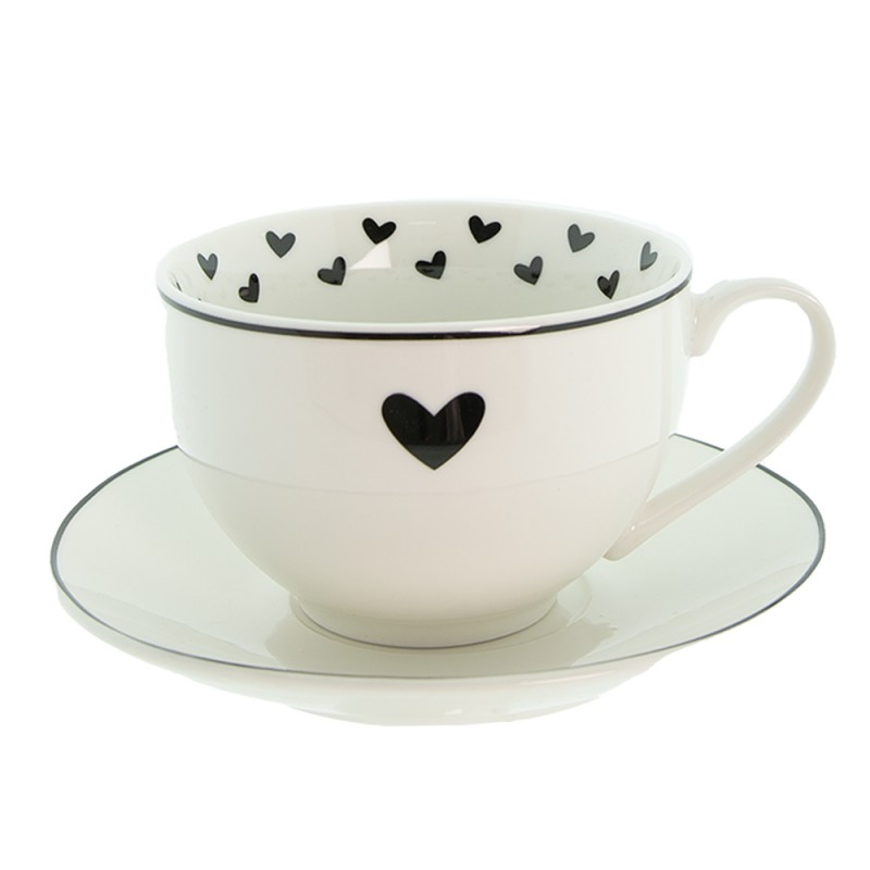 LBSHKS Cup and Saucer 220 ml White Black Porcelain Hearts