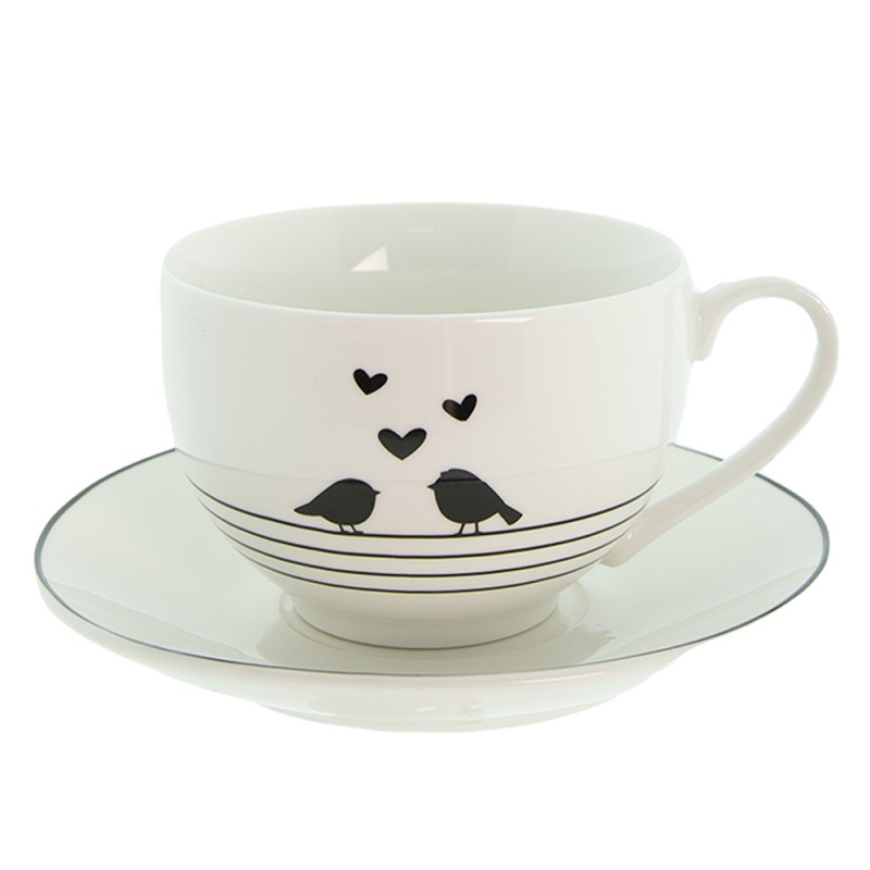 LBSKS Cup and Saucer 220 ml White Black Porcelain Hearts Birds Tableware