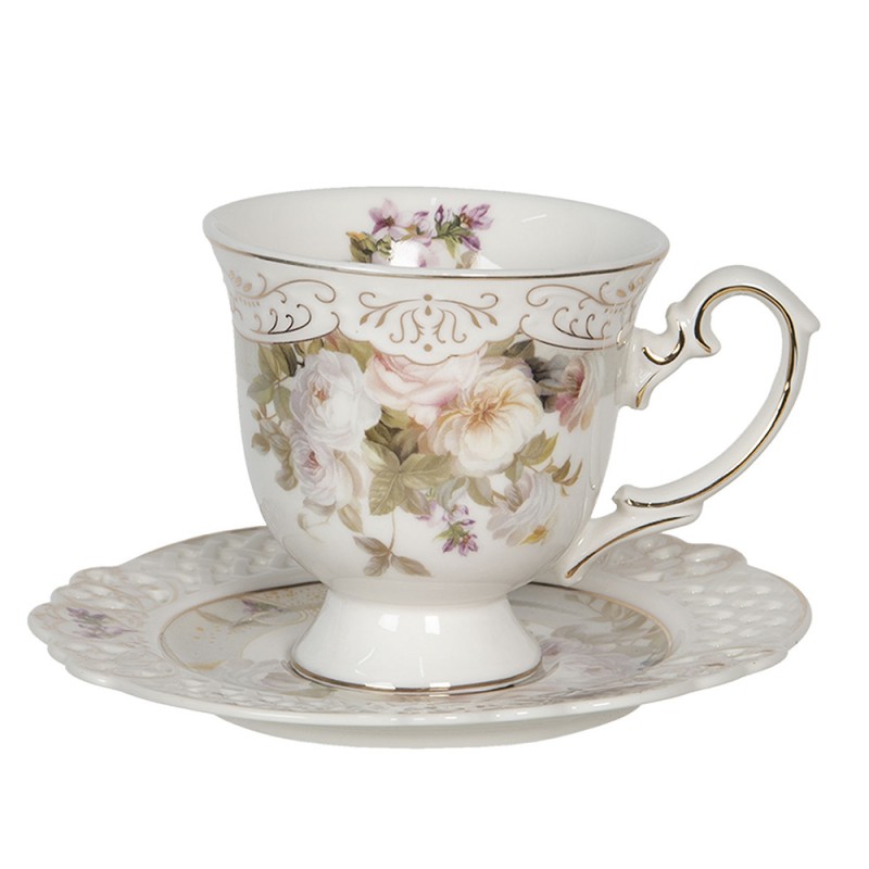 6CE1180 Cup and Saucer 200 ml White Porcelain Flowers Round Tableware