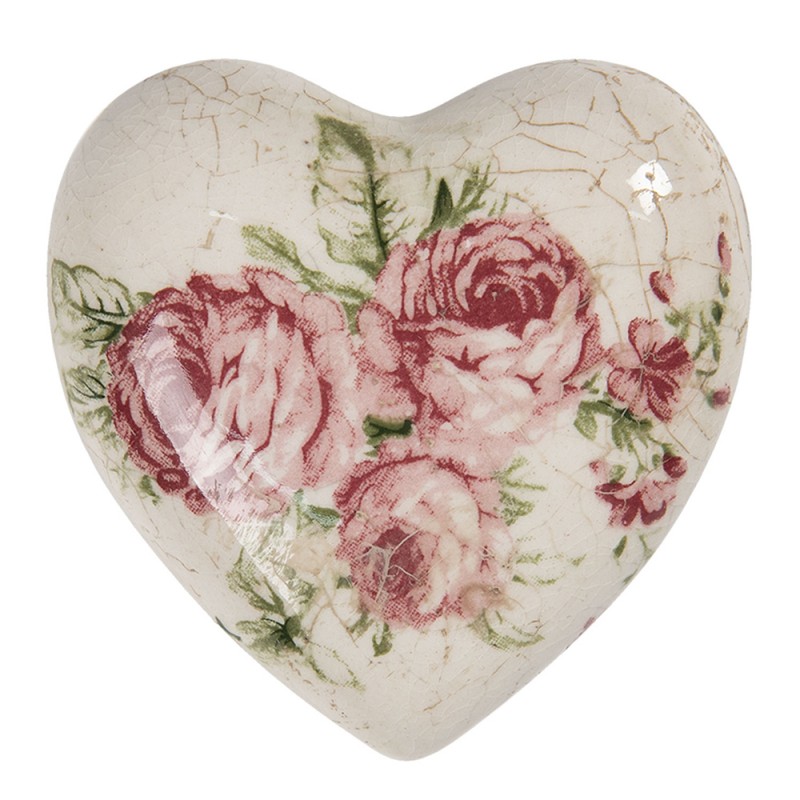 6CE1183S Dekoration Herz 8x8x4 cm Beige Rosa Keramik Blumen Herzförmig