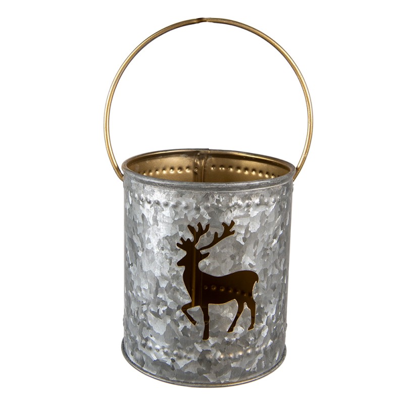 6Y5396 Tealight Holder Ø 9x10 cm Grey Gold colored Iron Reindeer Tea-light Holder