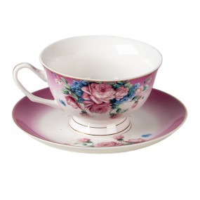 26CE1275 Cup and Saucer 200 ml Purple Porcelain Flowers Round Tableware