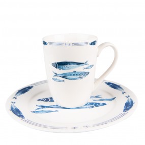 2FIBMU Mug 330 ml Blanc Bleu Porcelaine Poissons Tasse à thé