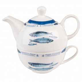 2FIBTEFO Tea for One 400 ml Blanc Bleu Porcelaine Poissons Ensemble théière