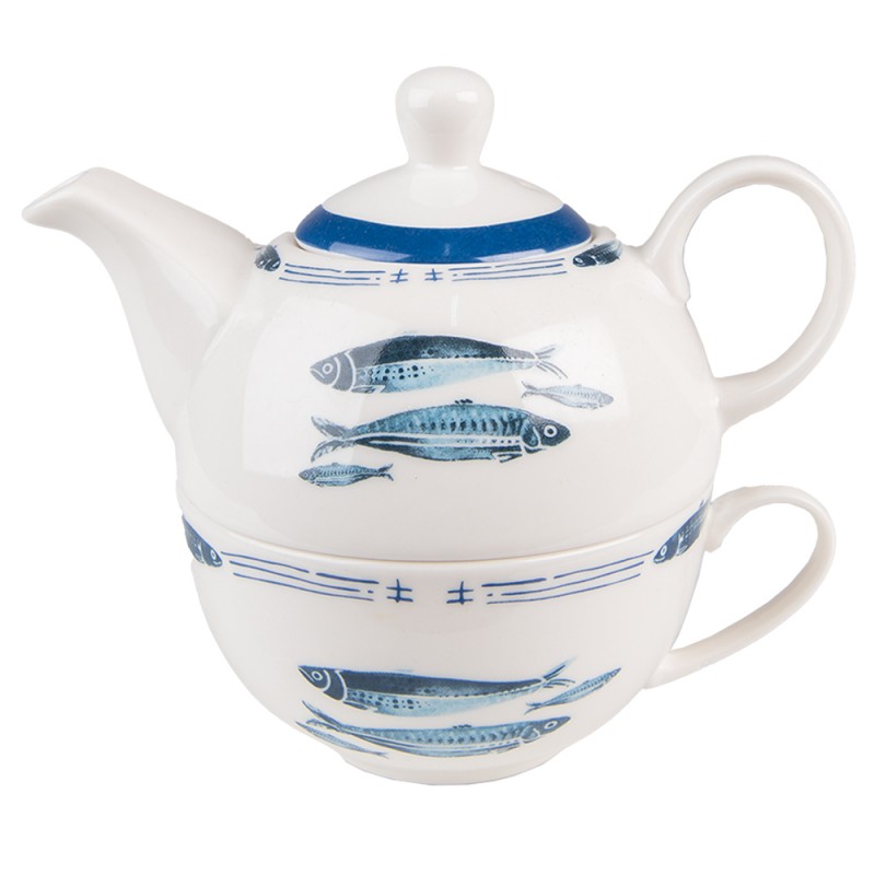 FIBTEFO Tea for One 400 ml Blanc Bleu Porcelaine Poissons Ensemble théière