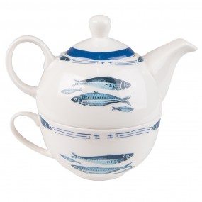 2FIBTEFO Tea for One 400 ml White Blue Porcelain Fishes Tea Set