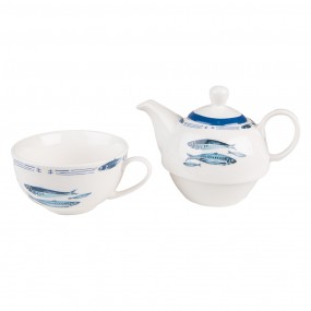 2FIBTEFO Tea for One 400 ml White Blue Porcelain Fishes Tea Set