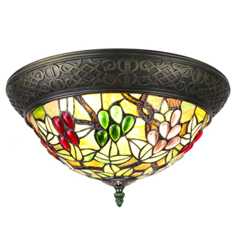 5LL-6260 Ceiling Lamp Tiffany Ø 38x20 cm  Beige Green Plastic Glass Round Ceiling Light