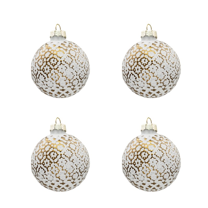 6GL3292 Christmas Bauble Set of 4 Ø 6 cm Gold colored White Glass Round Christmas Tree Decorations