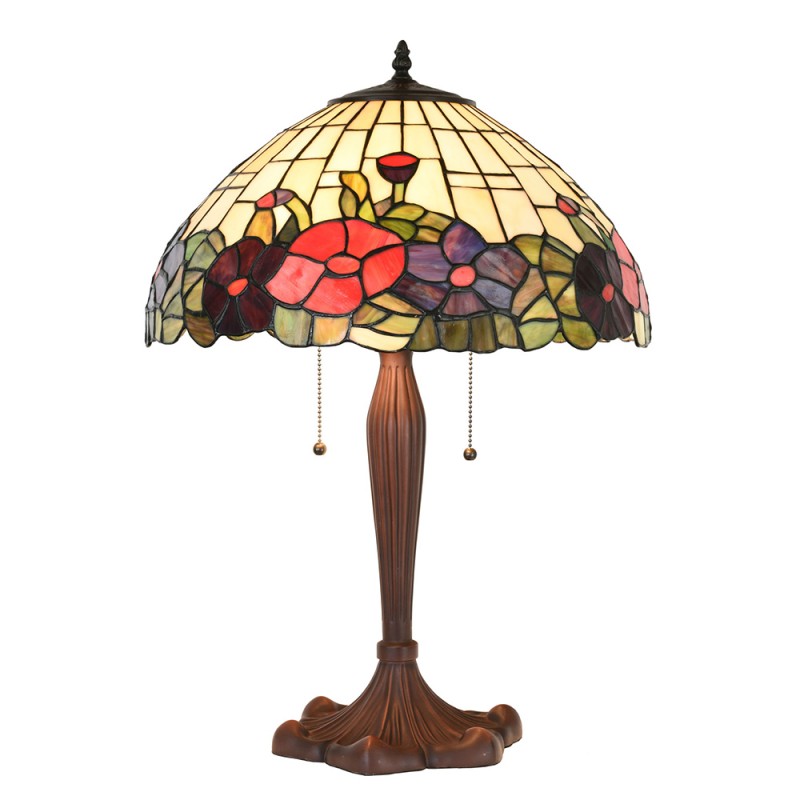 5LL-1201 Table Lamp Tiffany Ø 42x60 cm  Beige Red Glass Plastic Flowers Round Desk Lamp Tiffany