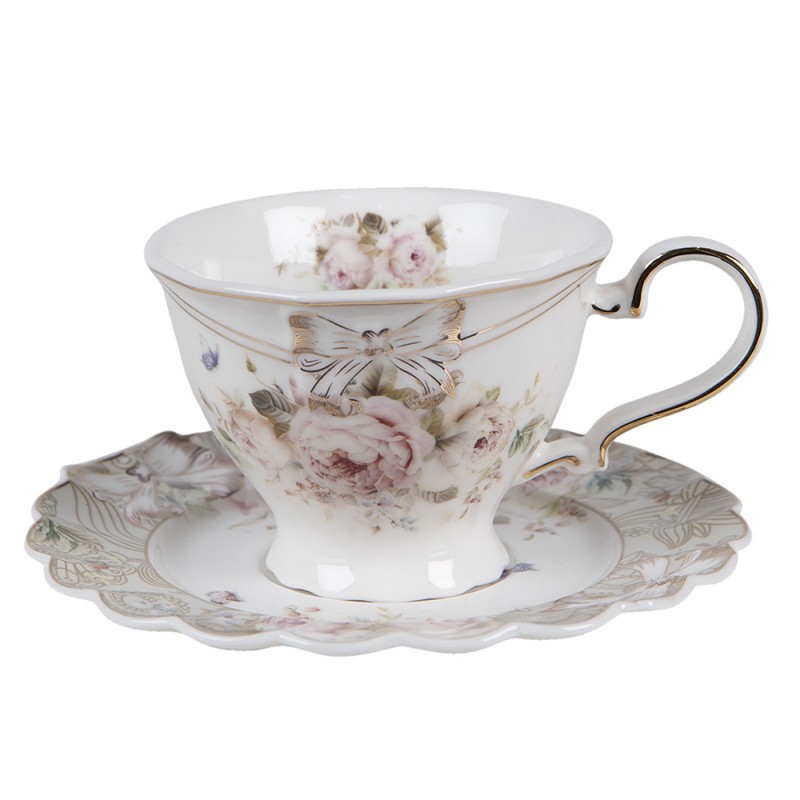 6CE1346 Cup and Saucer 220 ml White Porcelain Flowers Round Tableware