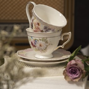 26CE1346 Cup and Saucer 220 ml White Porcelain Flowers Round Tableware