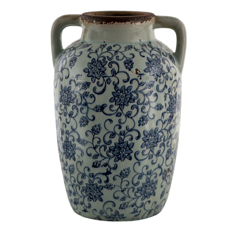 6CE1376 Vase 19x18x29 cm Bleu Vert Céramique Fleurs Rond Vase de décoration