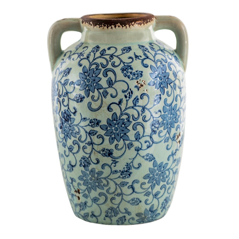 6CE1377 Vase 16x15x24 cm Blue Brown Ceramic Flowers Round Decorative Vase