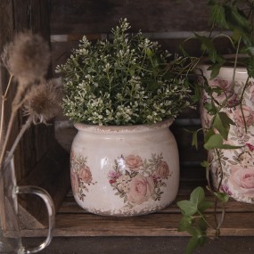 26CE1419S Planter Ø 10x9 cm Pink Beige Ceramic Flowers Round Indoor Planter