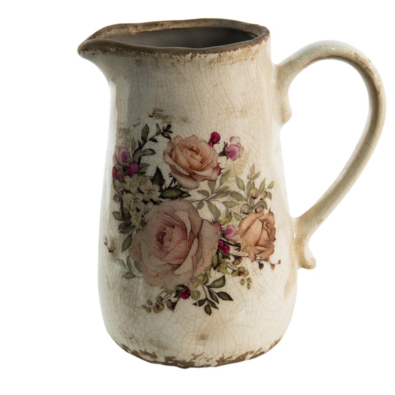 6CE1420 Dekorative Kanne 1500 ml Rosa Beige Keramik Blumen Wasserkrug