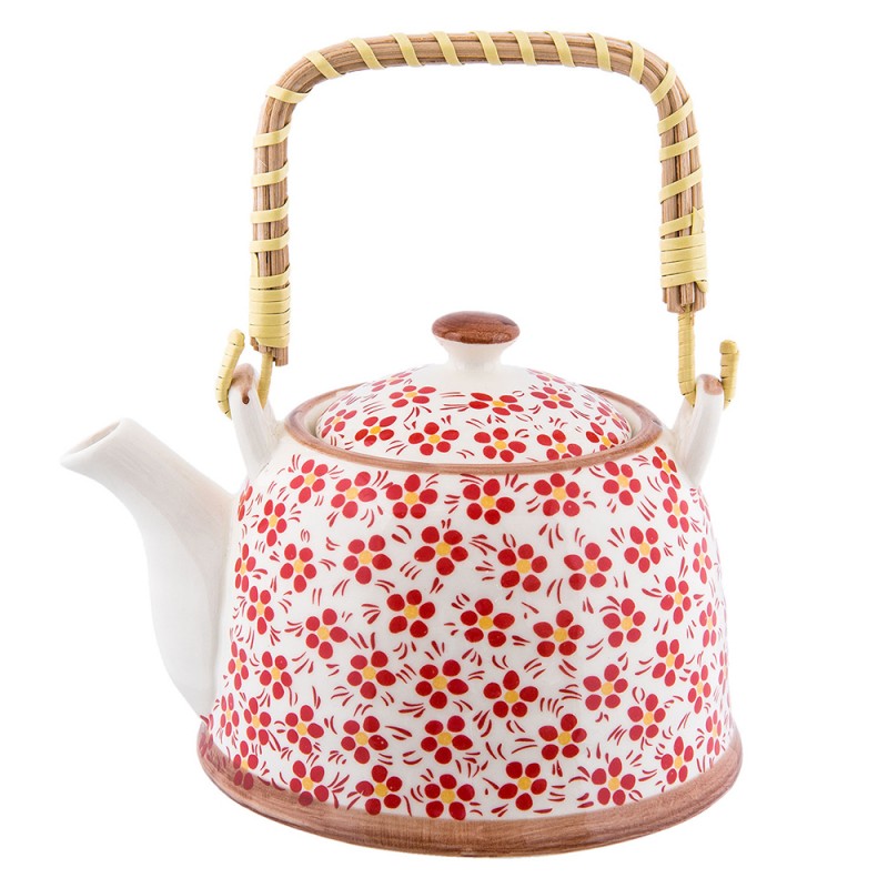 6CETE0031 Teekanne mit Filter 700 ml Rot Keramik Blumen Rund Kanne für Tee