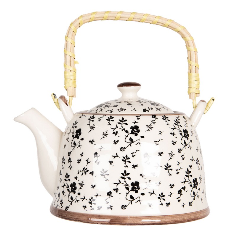 6CETE0081L Teapot with Infuser 800 ml Beige Black Porcelain Flowers Round Tea pot