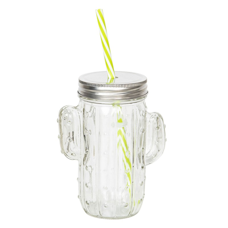 6GL2417 Drinking Cup with Straw 350 ml Glass Cactus Round Water Glass