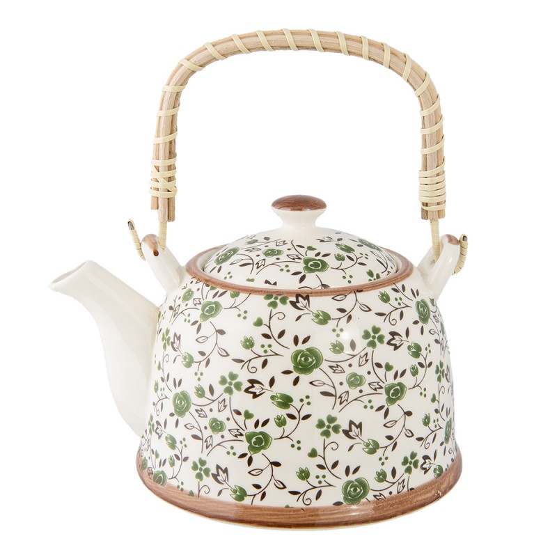 6CETE0001 Teapot with Infuser 700 ml Green Ceramic Flowers Round Tea pot
