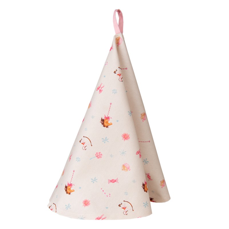 PNC48 Tea Towel  Ø 80 cm Beige Pink Cotton Rocking Horse Round Kitchen Towel