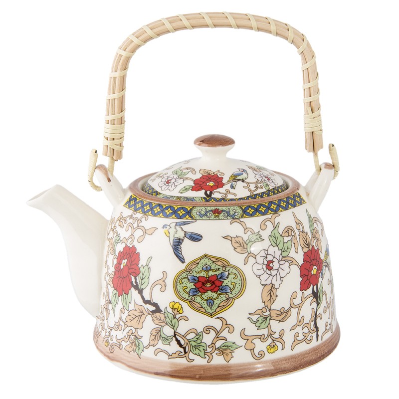 6CETE0002 Teapot with Infuser 700 ml Beige Red Ceramic Flowers Round Tea pot